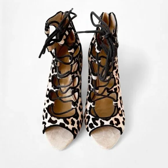 Zara Brown Leopard Print Ankle Lace Up Peep Toe Stiletto Heel Size 5.5/6